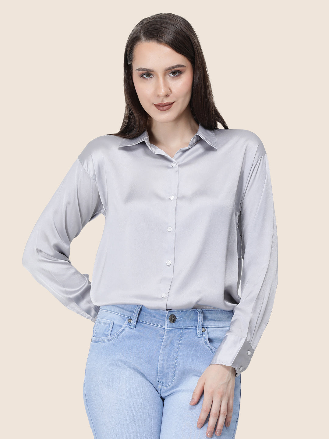 Women's  Premium Grey Regular Fit Solid Summer Satin shirt