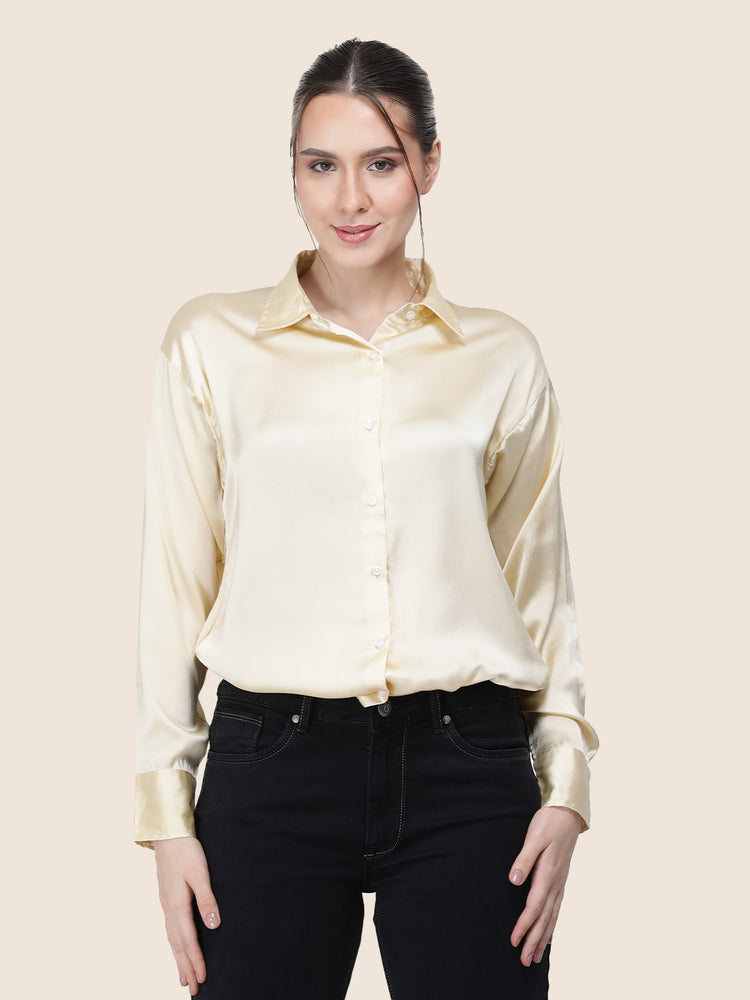 Women'S Premium Buff Regular Fit Solid Satin Shirt