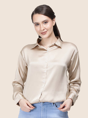 Women's  Premium Tan Brown Regular Fit Solid Summer Satin shirt