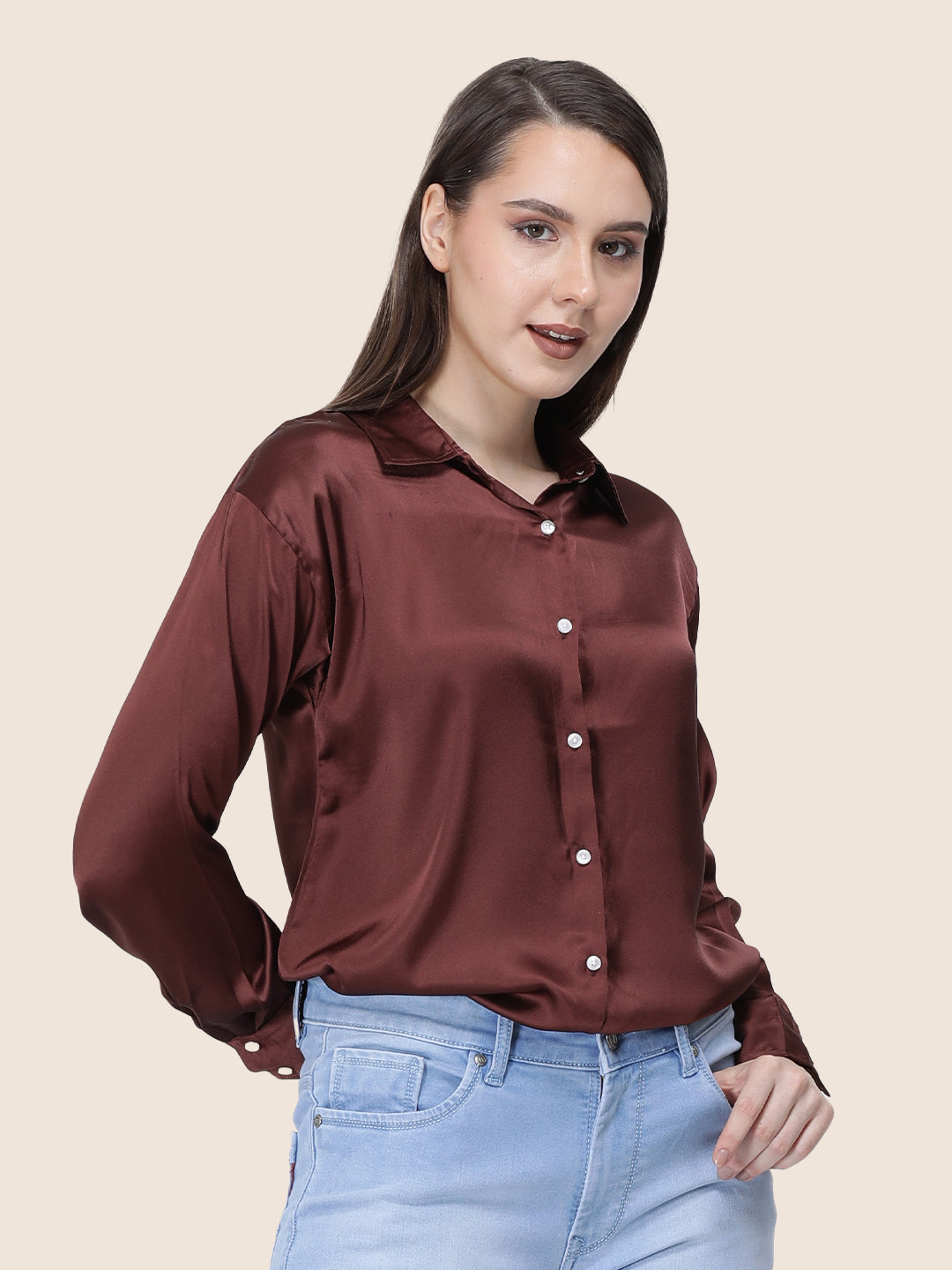 Women's  Premium Chocolate Brown Regular Fit Solid Summer Satin shirt