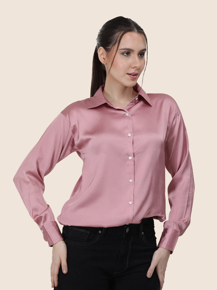 Women'S Premium Blush Pink Regular Fit Solid Satin Shirt