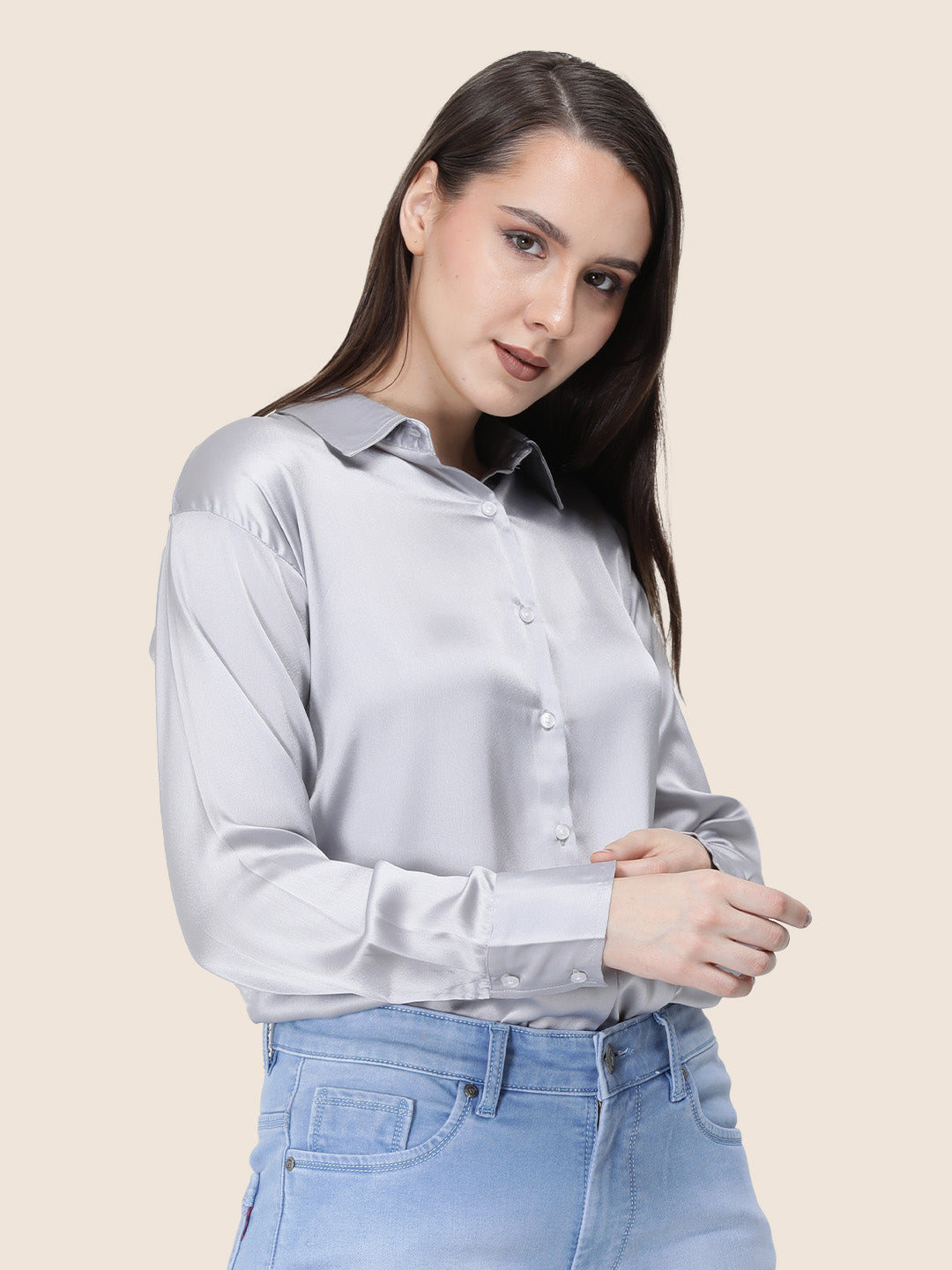 Women's  Premium Grey Regular Fit Solid Summer Satin shirt