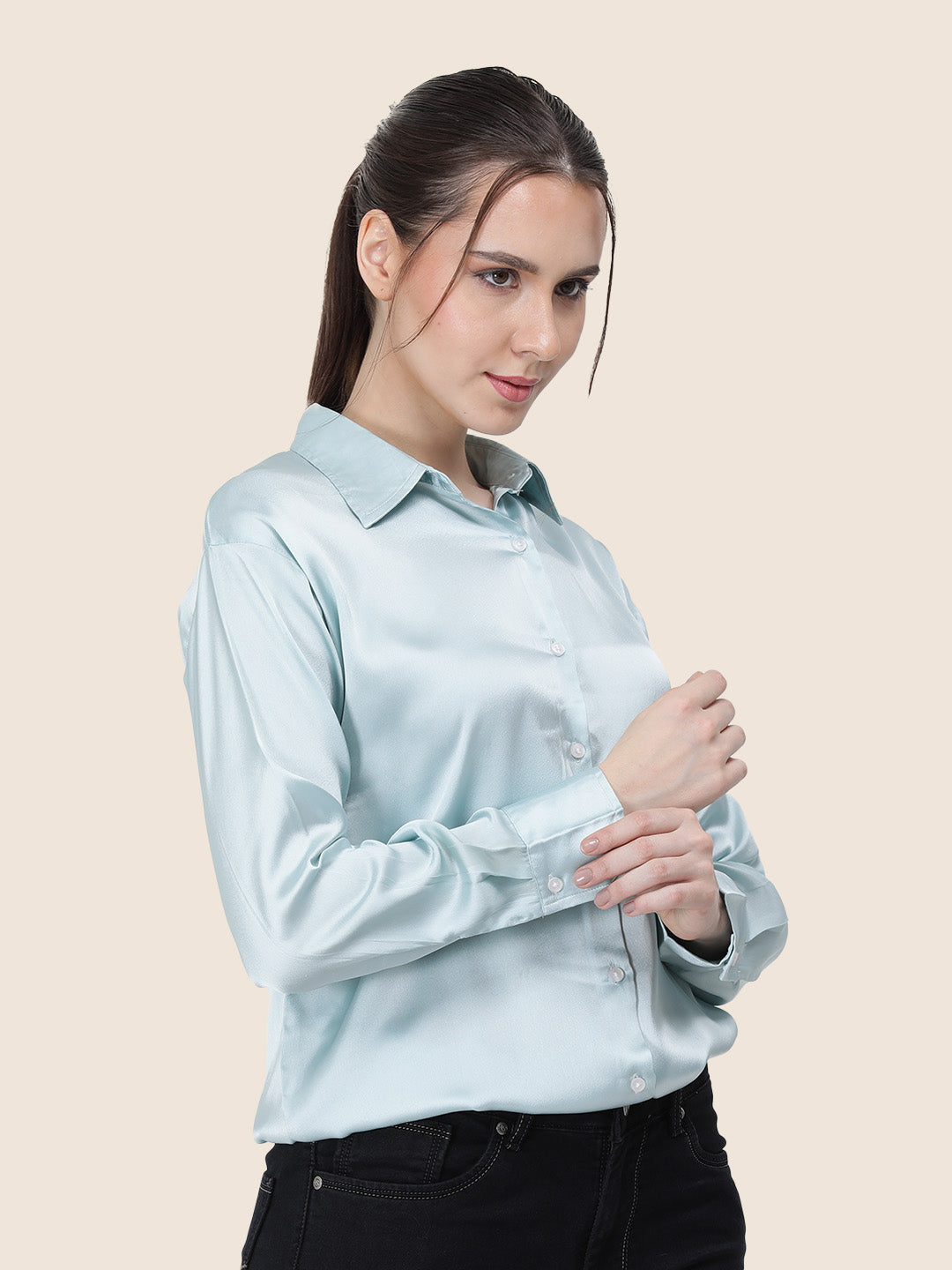 Women's  Premium Light Cyan Regular Fit Solid Summer Satin shirt