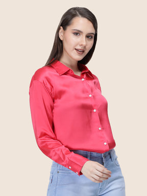 Women's  Premium Ruby Pink Regular Fit Solid Summer Satin shirt