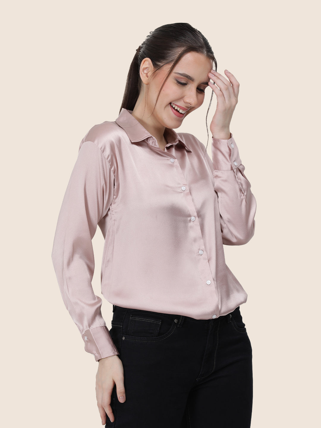 Women's  Premium Orchid Pink Regular Fit Solid Summer Satin shirt