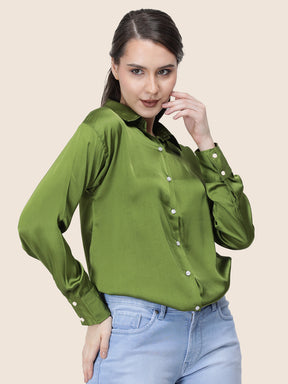 Women's  Premium Olive Regular Fit Solid Summer Satin shirt