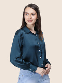 Women's  Premium Deep Teal Regular Fit Solid  Satin shirt