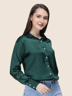 Women's  Premium Emerald Green Regular Fit Solid Summer Satin shirt