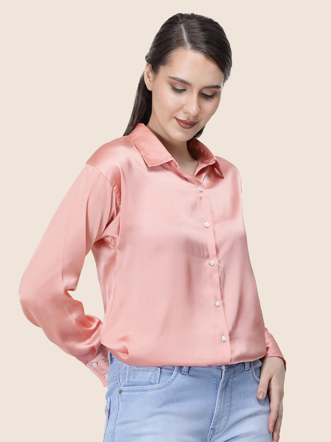 Women's  Premium Peachy Pink Regular Fit Solid Summer Satin shirt