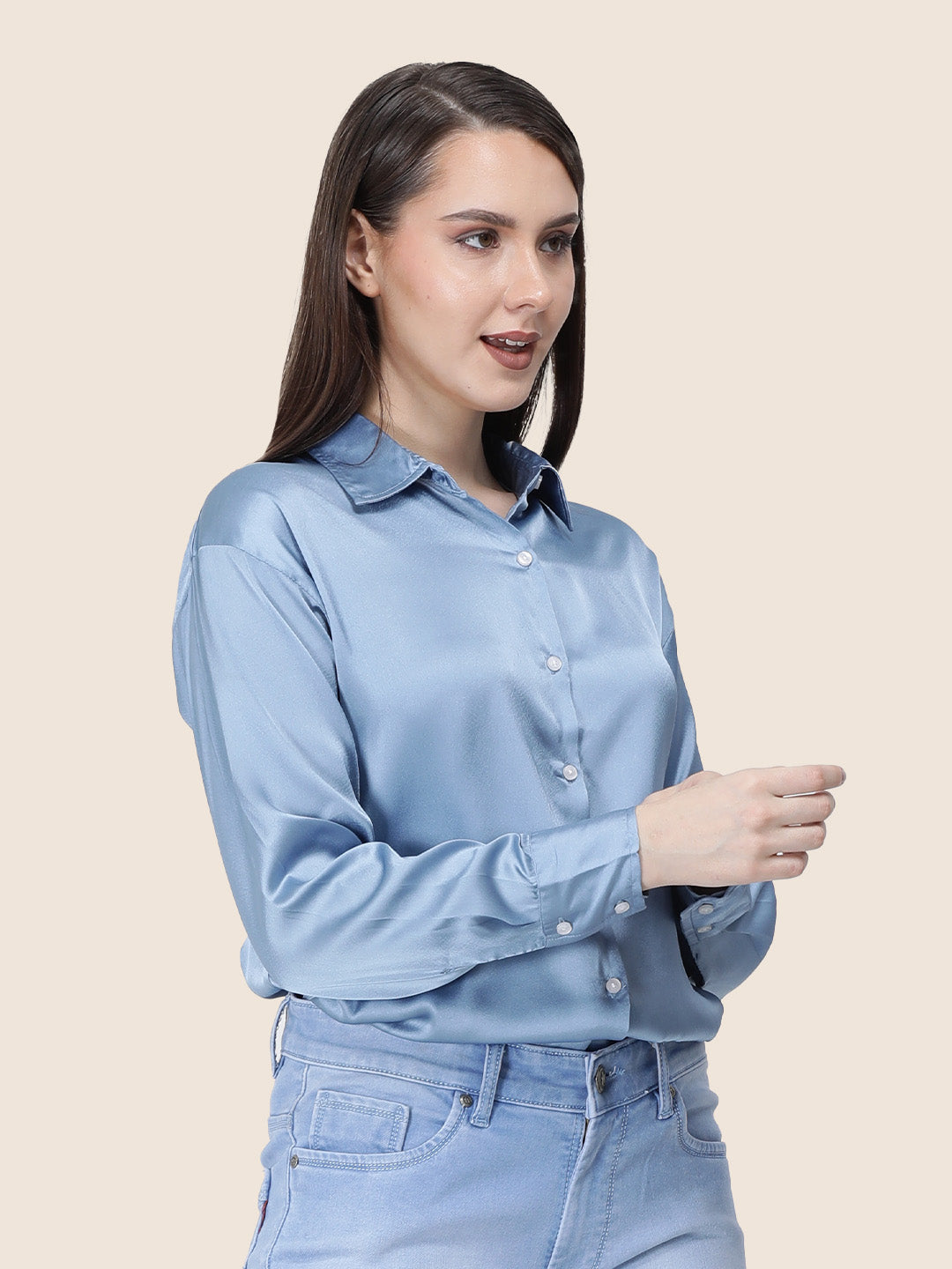 Women's  Premium Steel Blue Regular Fit Solid Summer Satin shirt