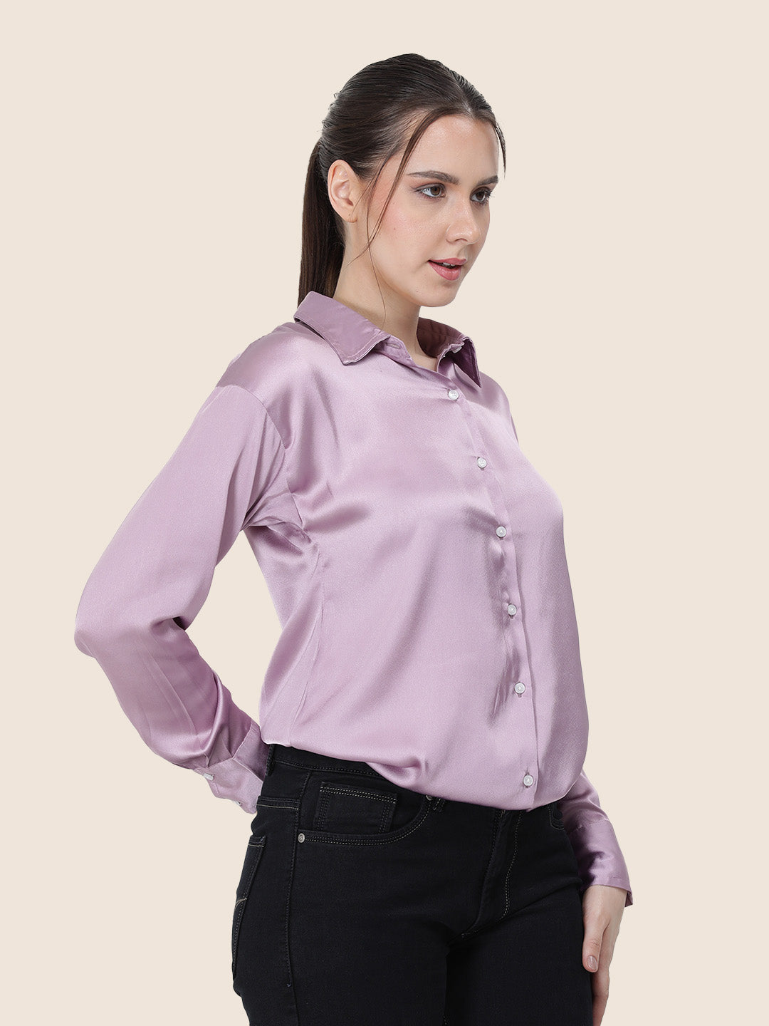 Women's  Premium Lilac Regular Fit Solid Summer Satin shirt