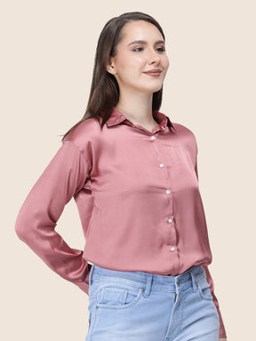 Women's  Premium Rose Pink Regular Fit Solid Summer Satin shirt