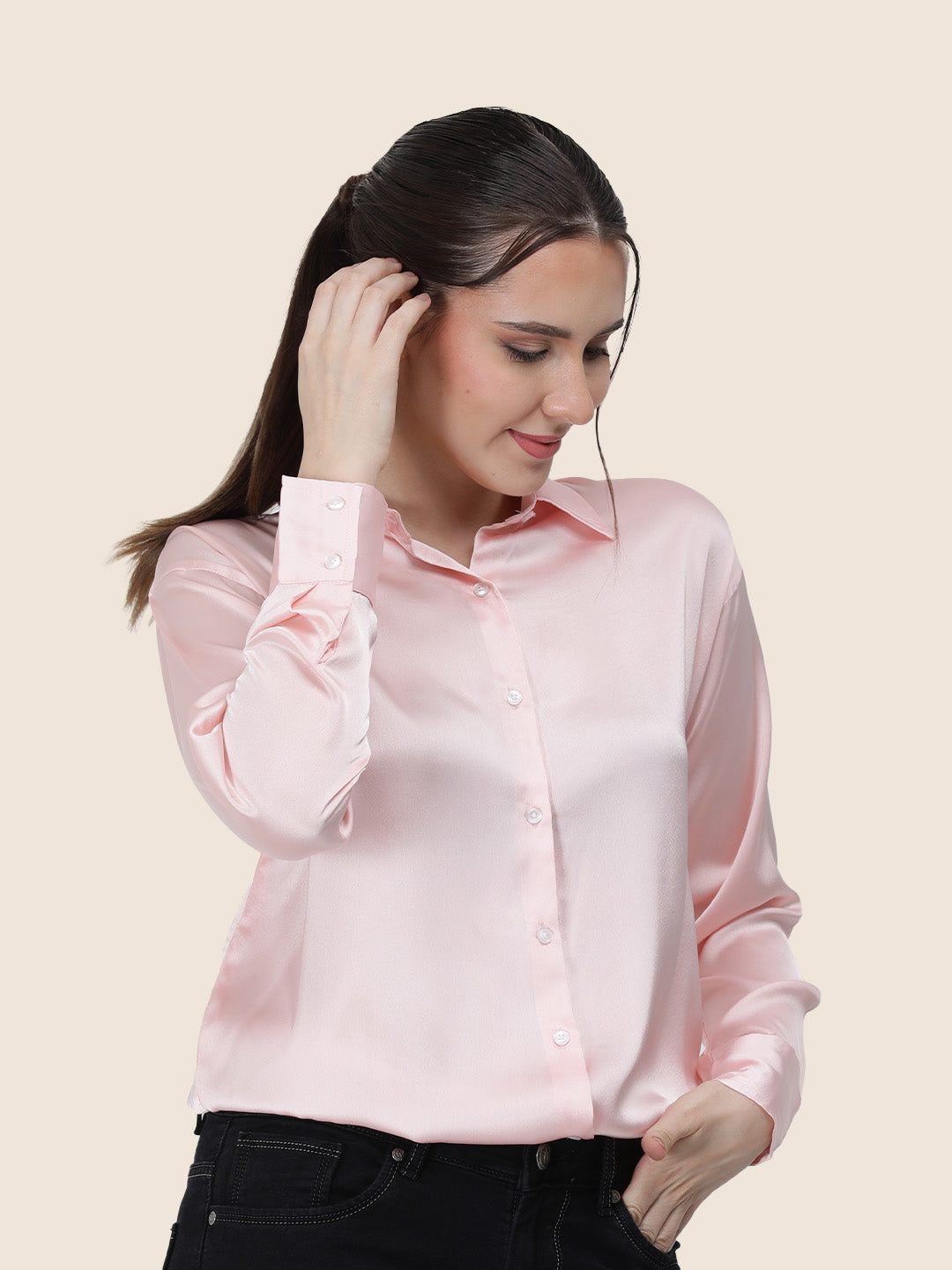 Women's  Premium Soft Pink Regular Fit Solid Summer Satin shirt