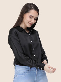 Women's Premium Black Regular Fit Solid Satin shirt