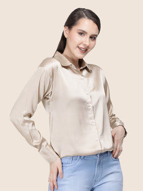 Women's  Premium Tan Brown Regular Fit Solid Summer Satin shirt