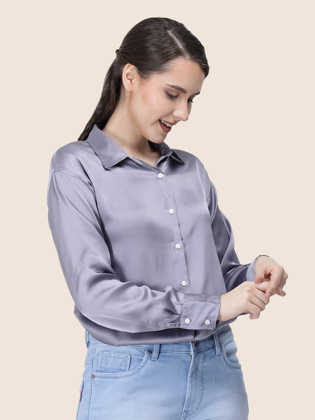 Women's  Premium Bluish Grey Regular Fit Solid Summer Satin shirt