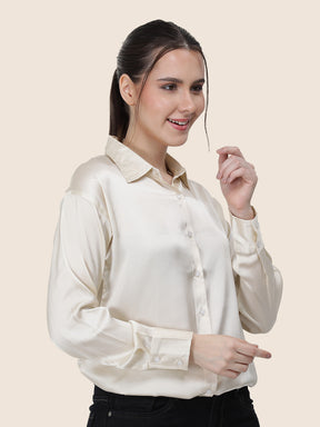 Women's Premium Off White Regular Fit Solid Summer Satin shirt