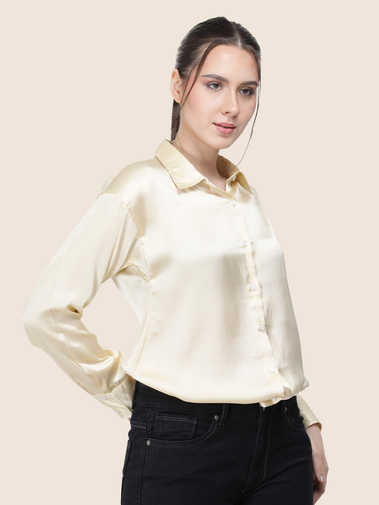 Women'S Premium Buff Regular Fit Solid Satin Shirt