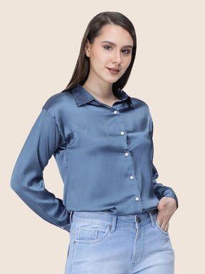 Women's  Premium Marble Blue Regular Fit Solid Summer Satin shirt