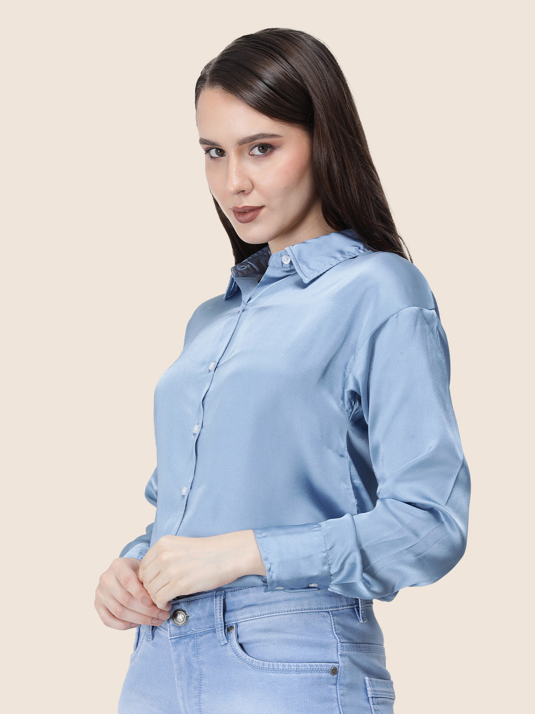 Women's  Premium Steel Blue Regular Fit Solid Summer Satin shirt