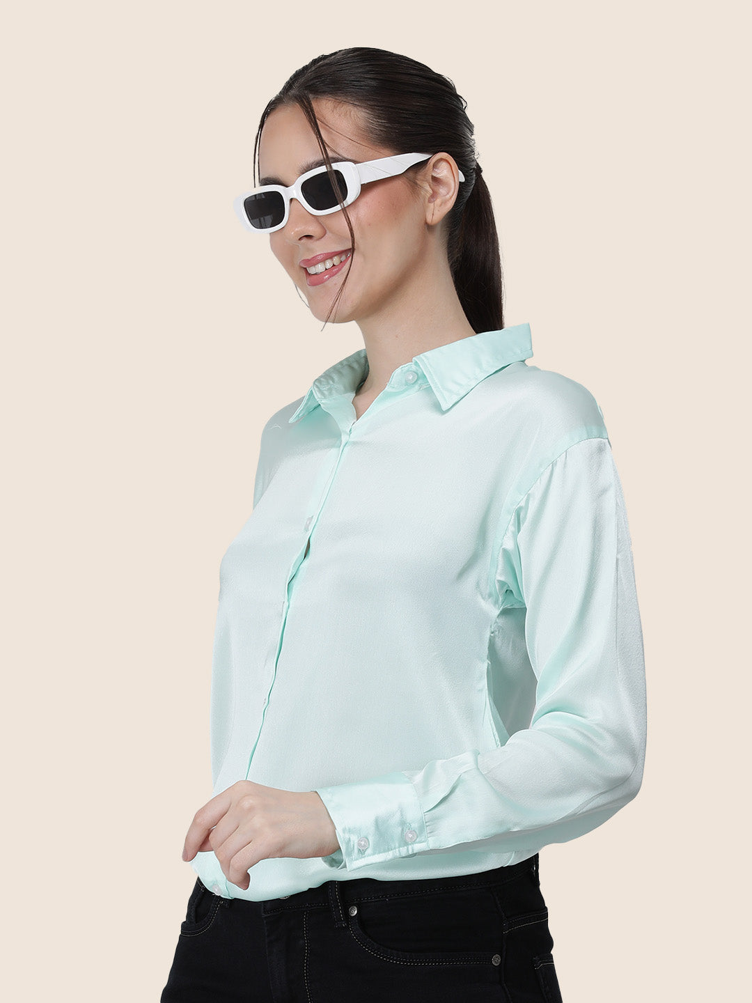 Women's  Premium Ice Green Regular Fit Solid Summer Satin shirt