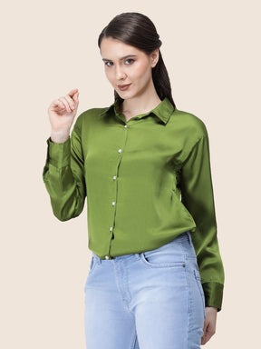 Women's  Premium Olive Regular Fit Solid Summer Satin shirt