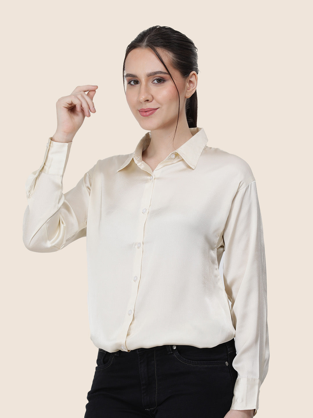 Women's Premium Off White Regular Fit Solid Summer Satin shirt