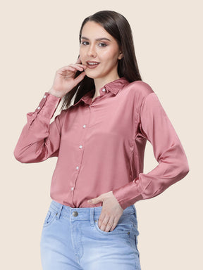 Women's  Premium Rose Pink Regular Fit Solid Summer Satin shirt