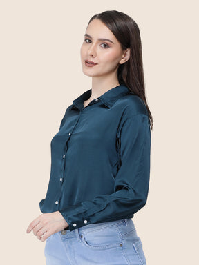 Women's  Premium Deep Teal Regular Fit Solid Summer Satin shirt