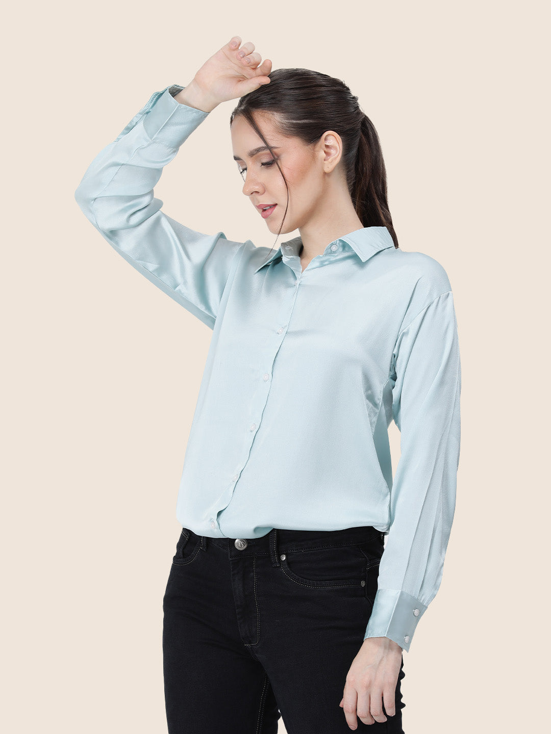 Women's  Premium Light Cyan Regular Fit Solid Summer Satin shirt