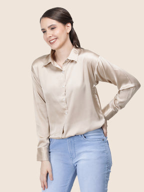 Women's  Premium Tan Brown Regular Fit Solid Summer Satin shirt