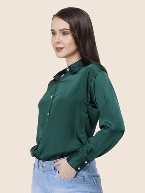 Women's  Premium Emerald Green Regular Fit Solid Summer Satin shirt