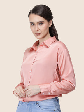 Women's  Premium Peachy Pink Regular Fit Solid Summer Satin shirt