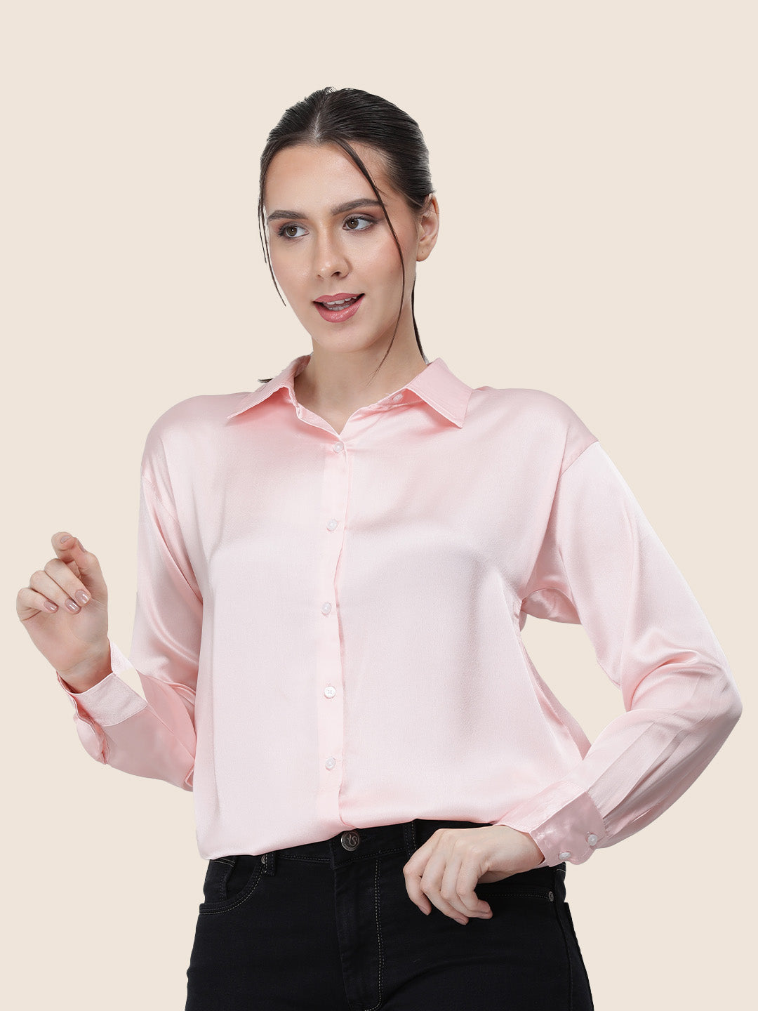 Women's  Premium Soft Pink Regular Fit Solid Summer Satin shirt