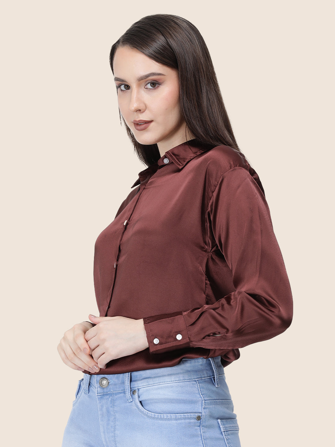 Women's  Premium Chocolate Brown Regular Fit Solid Summer Satin shirt