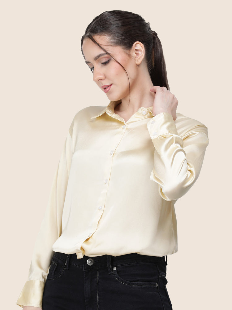 Women'S Premium Buff Regular Fit Solid Satin Shirt