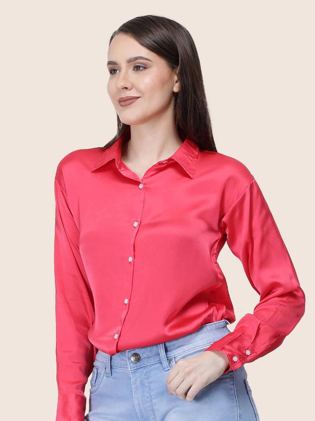 Women's  Premium Ruby Pink Regular Fit Solid Summer Satin shirt