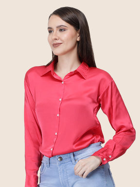 Women's  Premium Ruby Pink Regular Fit Solid Summer Satin shirt