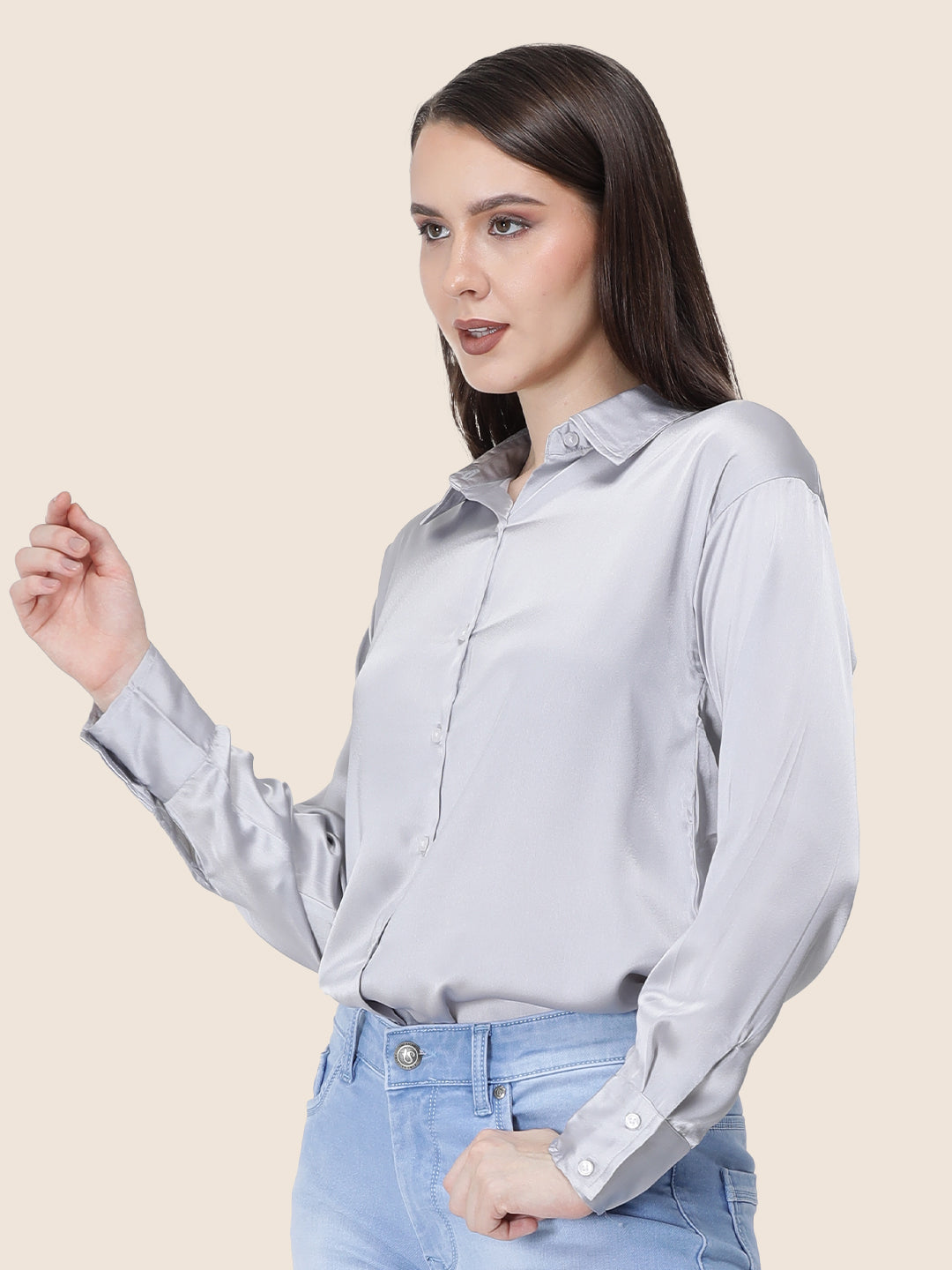 Women'S Premium Grey Regular Fit Solid Satin Shirt