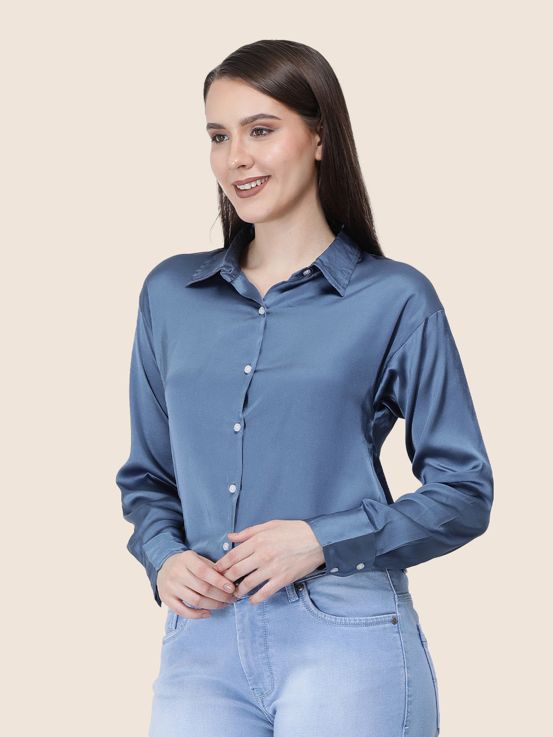 Women's  Premium Marble Blue Regular Fit Solid Summer Satin shirt