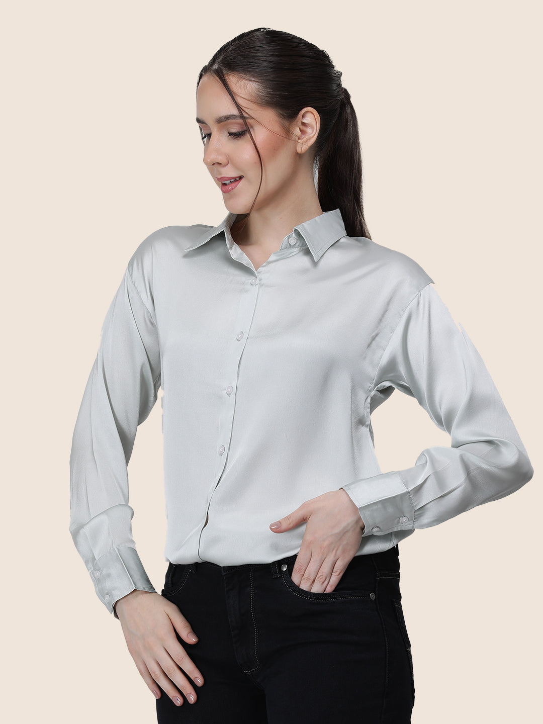 Women'S Premium Steel Grey Regular Fit Solid Satin Shirt