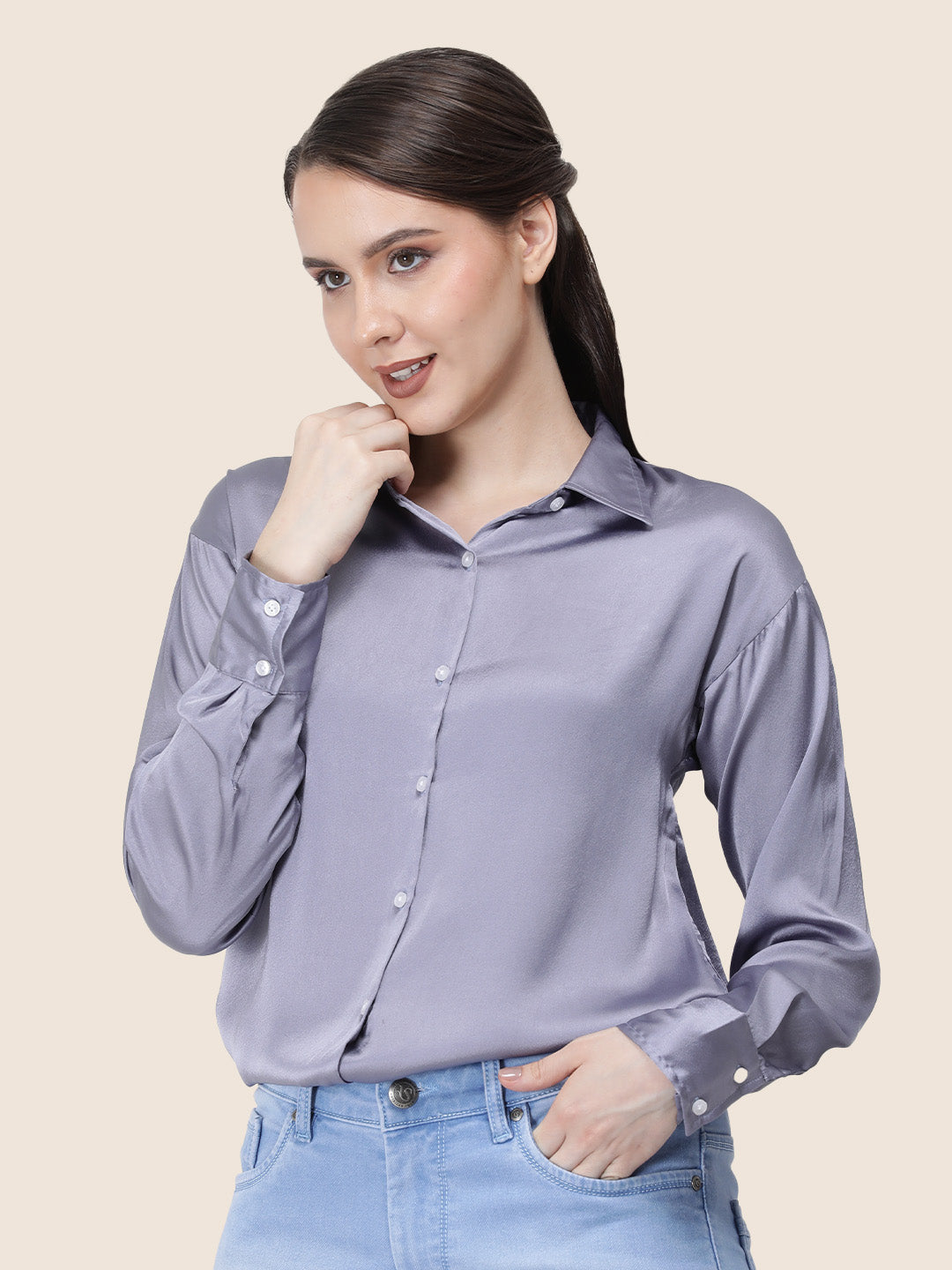 Women's  Premium Bluish Grey Regular Fit Solid Summer Satin shirt