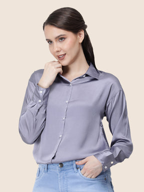 Women's  Premium Bluish Grey Regular Fit Solid Summer Satin shirt