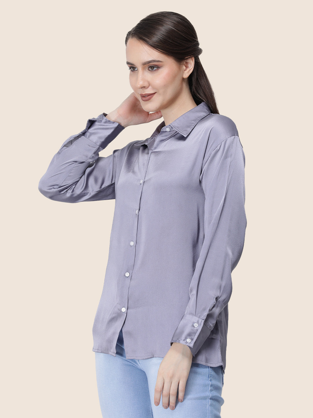 Women's  Premium Bluish Grey Regular Fit Solid Summer Satin shirt