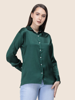 Women's  Premium Emerald Green Regular Fit Solid Summer Satin shirt