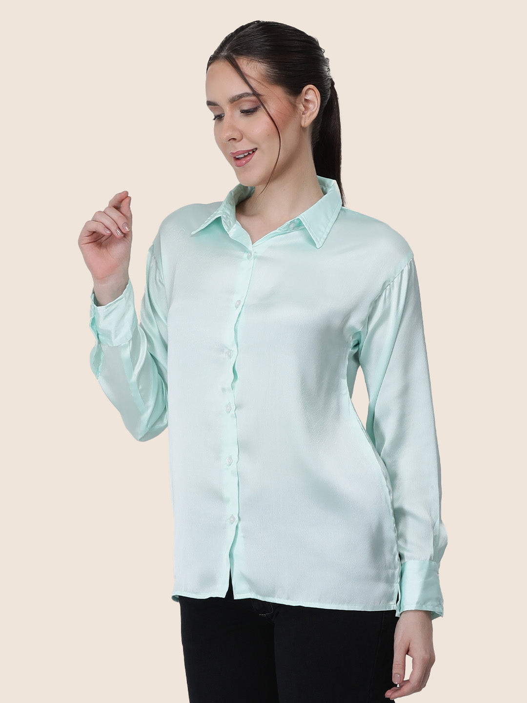 Women's  Premium Ice Green Regular Fit Solid Summer Satin shirt