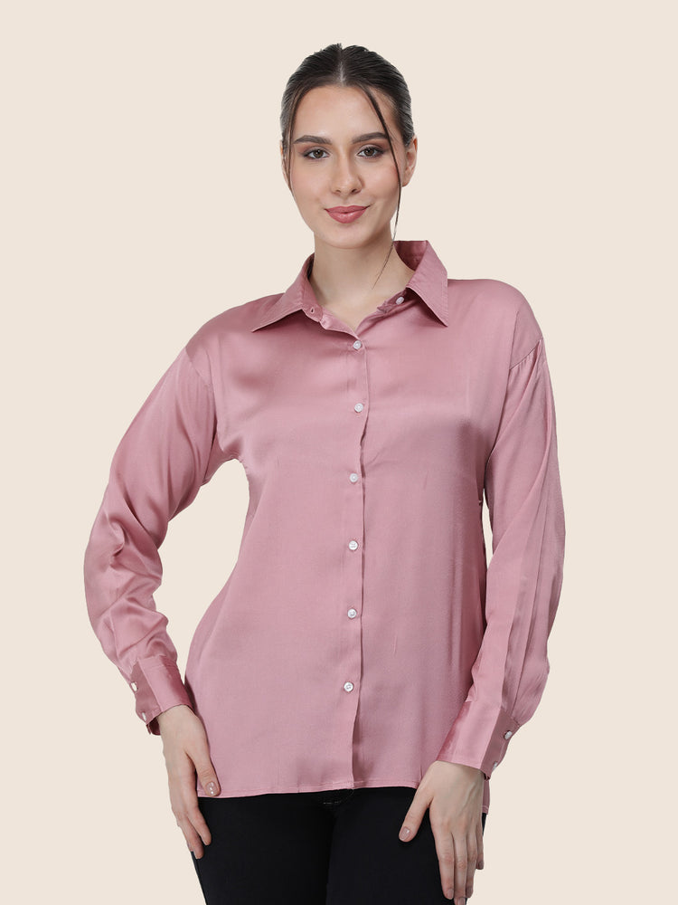 Women'S Premium Blush Pink Regular Fit Solid Satin Shirt