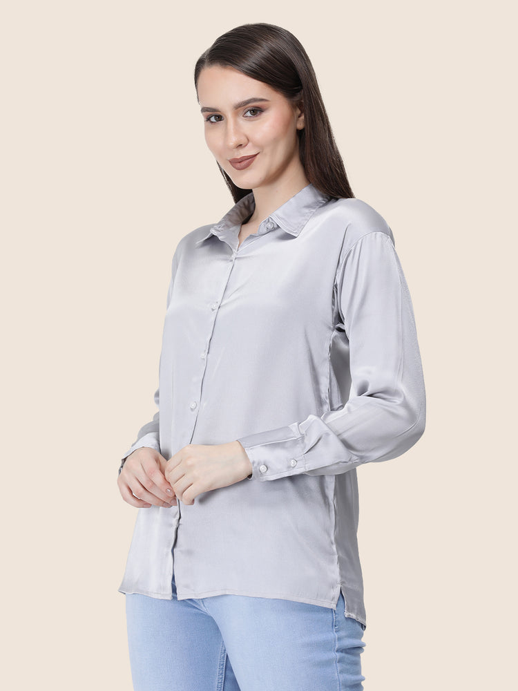 Women'S Premium Grey Regular Fit Solid Satin Shirt