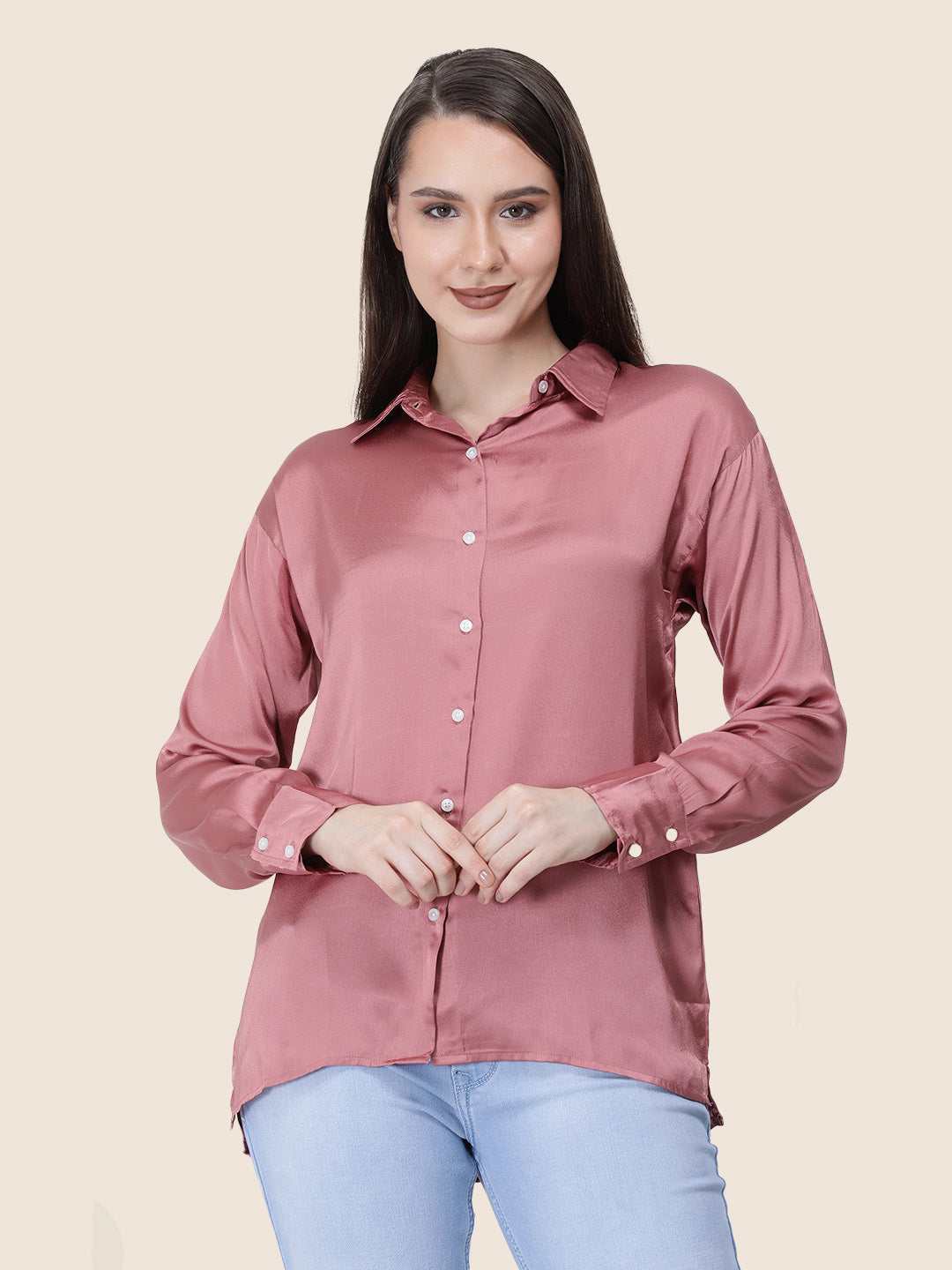 Women's  Premium Rose Pink Regular Fit Solid Summer Satin shirt