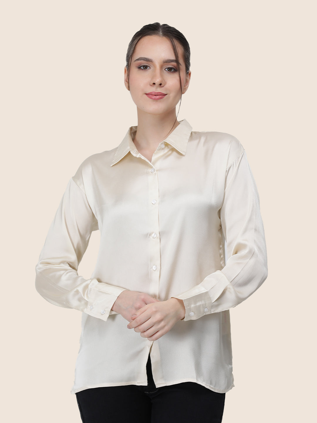 Women's Premium Off White Regular Fit Solid Summer Satin shirt